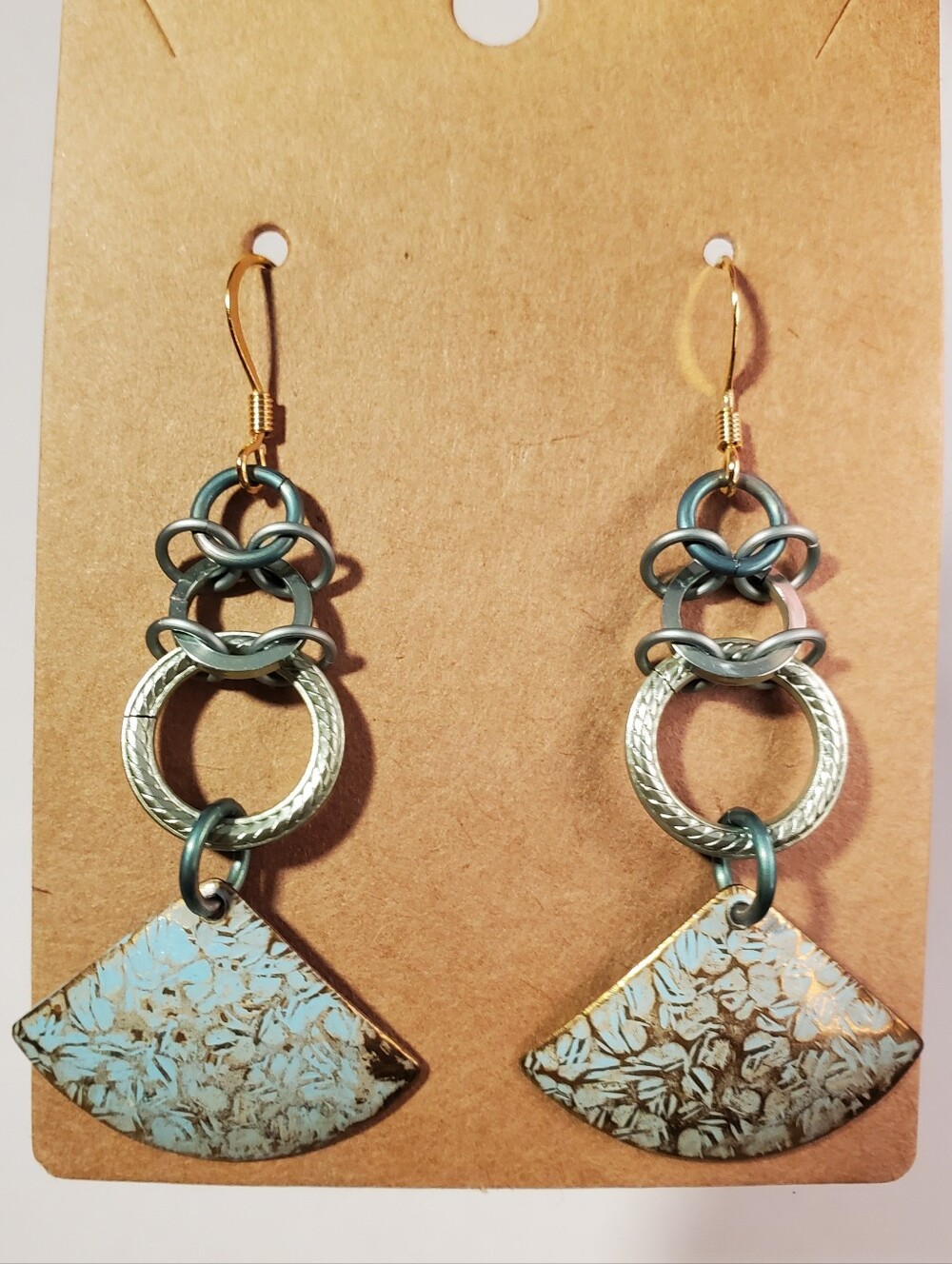 Handcrafted Teal and Gold Fan Drop Earrings - Women Jewelry